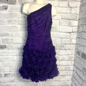 Theia One Shoulder Purple 100% Silk Ruched Rosette 3D Appliqué Cocktail Dress
